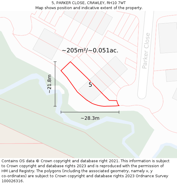 5, PARKER CLOSE, CRAWLEY, RH10 7WT: Plot and title map