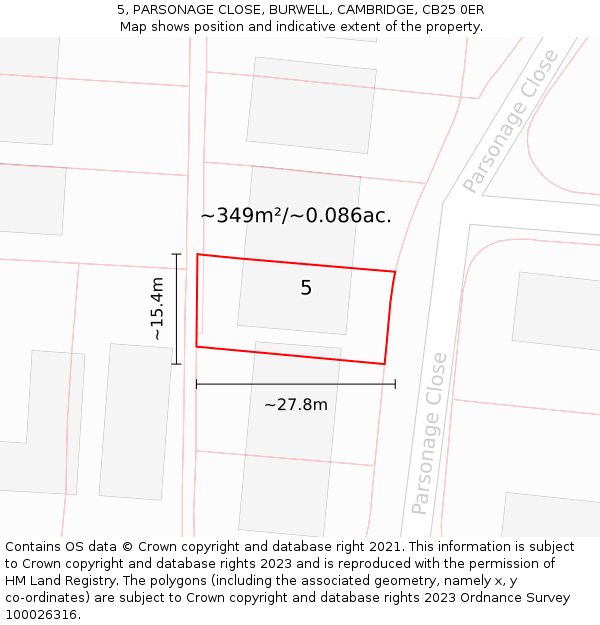 5, PARSONAGE CLOSE, BURWELL, CAMBRIDGE, CB25 0ER: Plot and title map