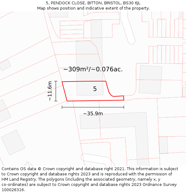 5, PENDOCK CLOSE, BITTON, BRISTOL, BS30 6JL: Plot and title map