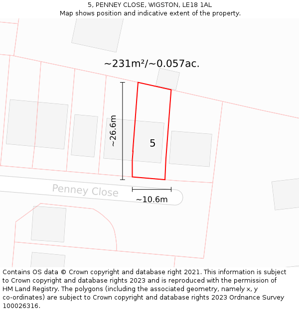 5, PENNEY CLOSE, WIGSTON, LE18 1AL: Plot and title map