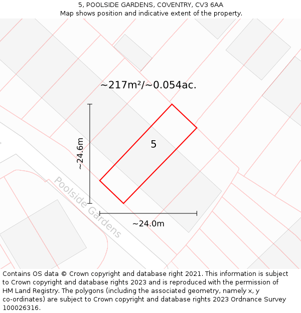 5, POOLSIDE GARDENS, COVENTRY, CV3 6AA: Plot and title map
