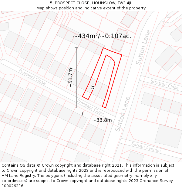 5, PROSPECT CLOSE, HOUNSLOW, TW3 4JL: Plot and title map