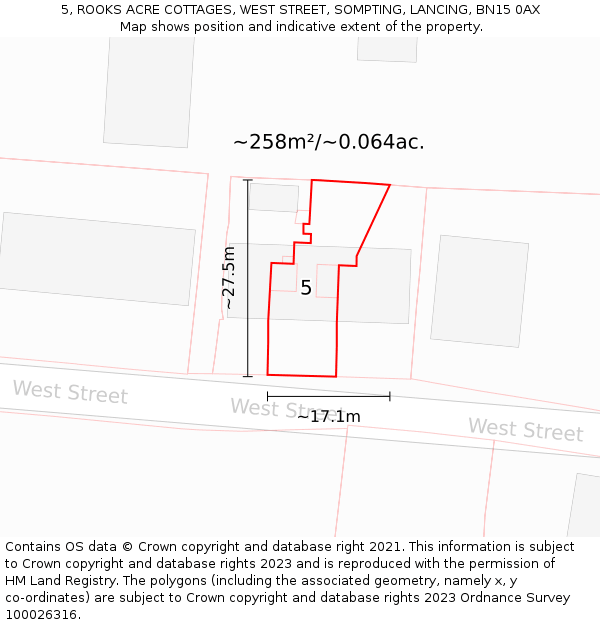 5, ROOKS ACRE COTTAGES, WEST STREET, SOMPTING, LANCING, BN15 0AX: Plot and title map