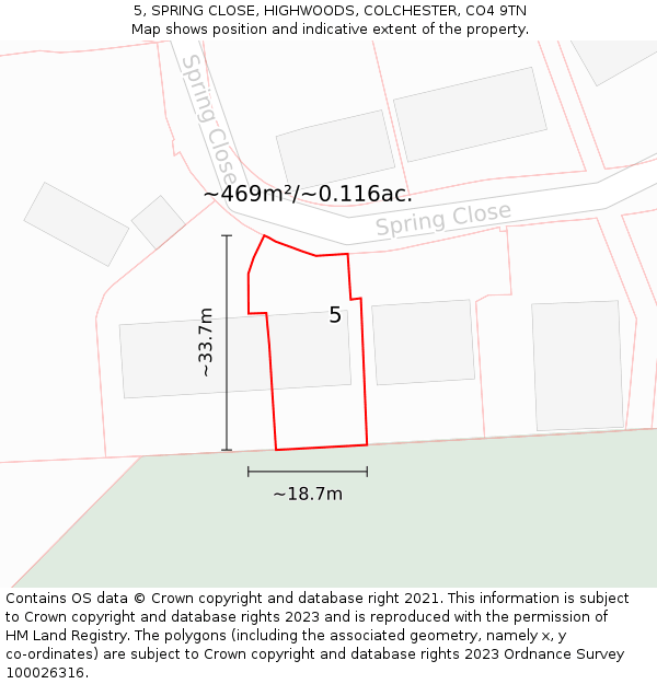 5, SPRING CLOSE, HIGHWOODS, COLCHESTER, CO4 9TN: Plot and title map