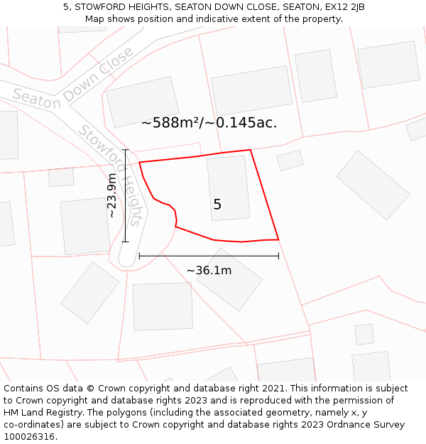 5, STOWFORD HEIGHTS, SEATON DOWN CLOSE, SEATON, EX12 2JB: Plot and title map