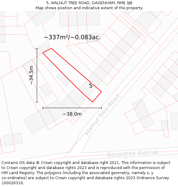 5, WALNUT TREE ROAD, DAGENHAM, RM8 3JB: Plot and title map