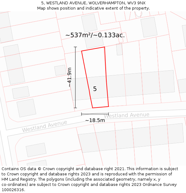 5, WESTLAND AVENUE, WOLVERHAMPTON, WV3 9NX: Plot and title map