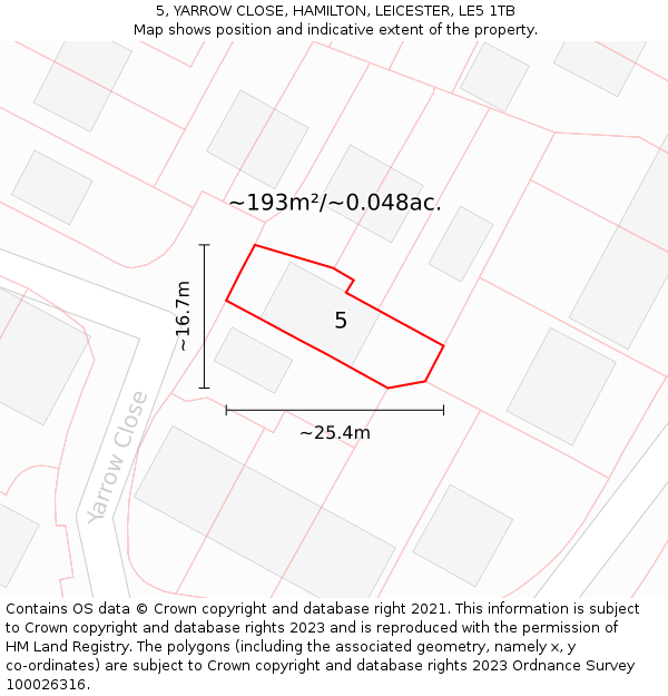 5, YARROW CLOSE, HAMILTON, LEICESTER, LE5 1TB: Plot and title map