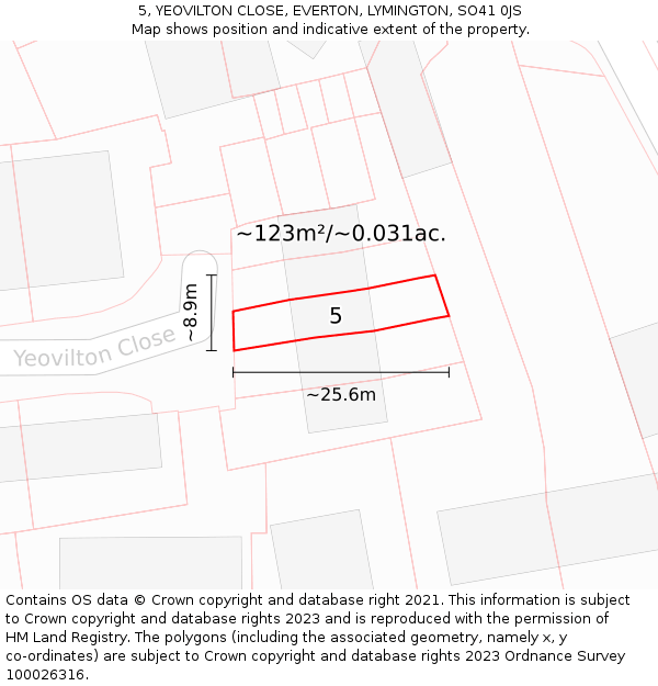 5, YEOVILTON CLOSE, EVERTON, LYMINGTON, SO41 0JS: Plot and title map
