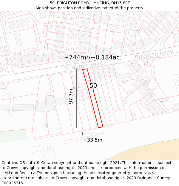 50, BRIGHTON ROAD, LANCING, BN15 8ET: Plot and title map
