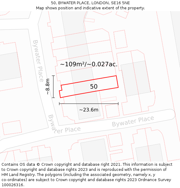 50, BYWATER PLACE, LONDON, SE16 5NE: Plot and title map