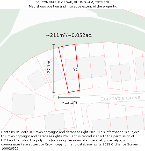 50, CONSTABLE GROVE, BILLINGHAM, TS23 3GL: Plot and title map