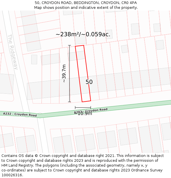 50, CROYDON ROAD, BEDDINGTON, CROYDON, CR0 4PA: Plot and title map