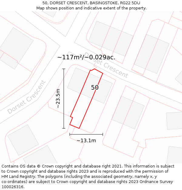 50, DORSET CRESCENT, BASINGSTOKE, RG22 5DU: Plot and title map