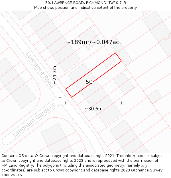 50, LAWRENCE ROAD, RICHMOND, TW10 7LR: Plot and title map