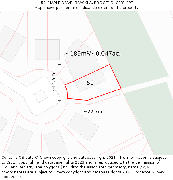 50, MAPLE DRIVE, BRACKLA, BRIDGEND, CF31 2PF: Plot and title map