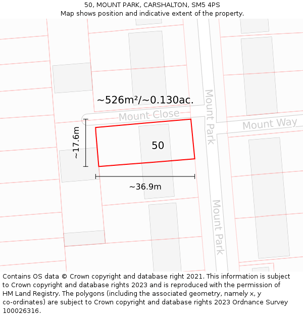 50, MOUNT PARK, CARSHALTON, SM5 4PS: Plot and title map
