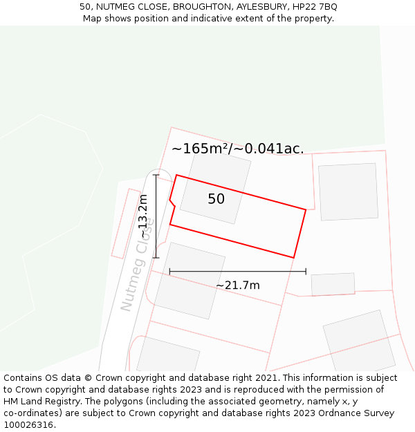 50, NUTMEG CLOSE, BROUGHTON, AYLESBURY, HP22 7BQ: Plot and title map
