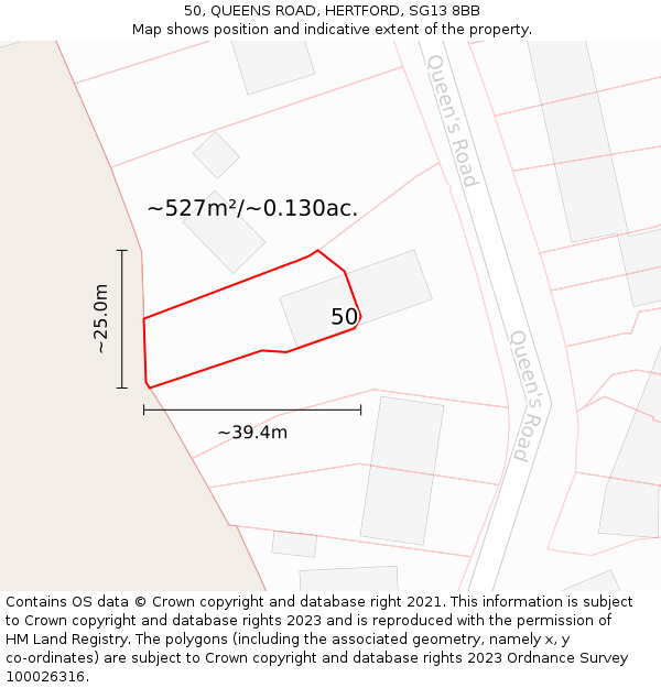 50, QUEENS ROAD, HERTFORD, SG13 8BB: Plot and title map