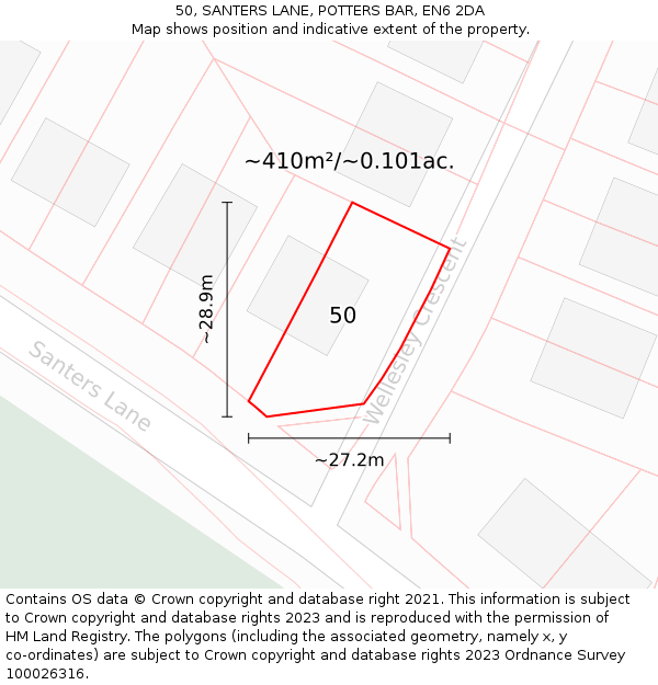 50, SANTERS LANE, POTTERS BAR, EN6 2DA: Plot and title map
