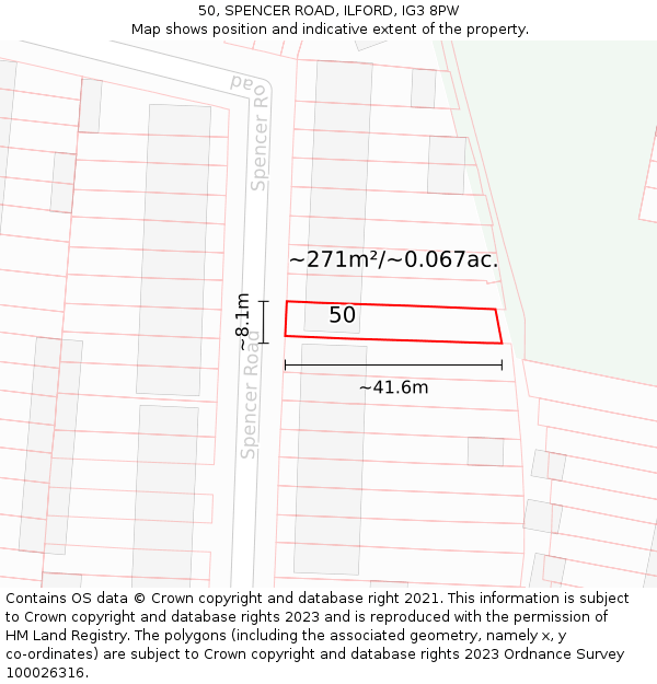 50, SPENCER ROAD, ILFORD, IG3 8PW: Plot and title map