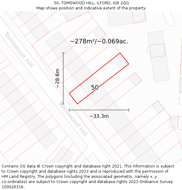 50, TOMSWOOD HILL, ILFORD, IG6 2QG: Plot and title map