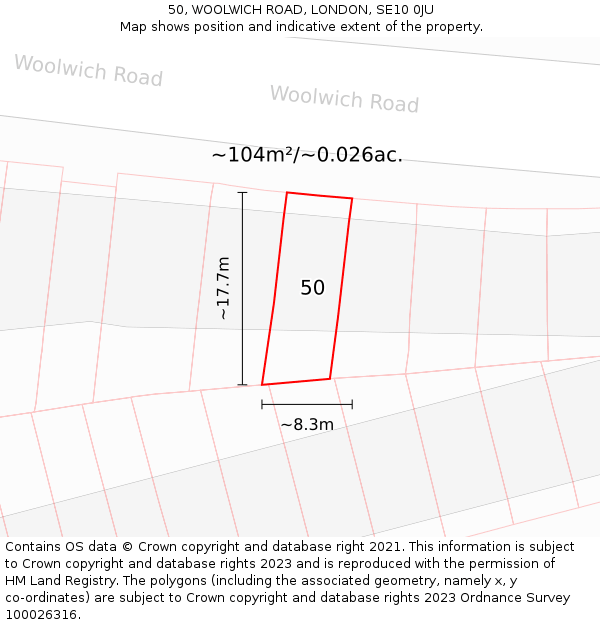 50, WOOLWICH ROAD, LONDON, SE10 0JU: Plot and title map