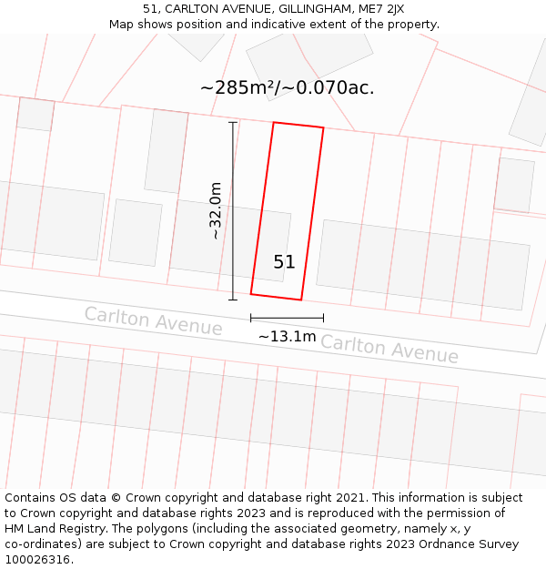 51, CARLTON AVENUE, GILLINGHAM, ME7 2JX: Plot and title map