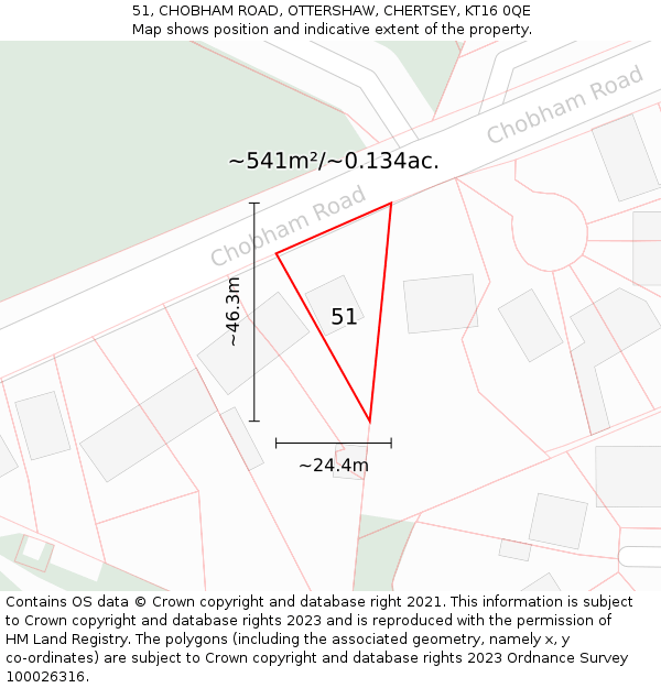51, CHOBHAM ROAD, OTTERSHAW, CHERTSEY, KT16 0QE: Plot and title map