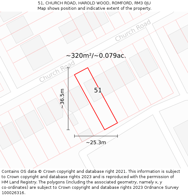 51, CHURCH ROAD, HAROLD WOOD, ROMFORD, RM3 0JU: Plot and title map