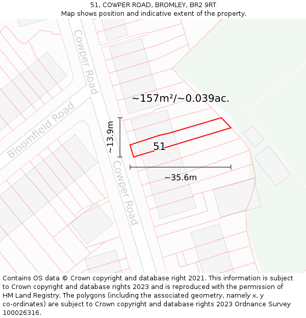 51, COWPER ROAD, BROMLEY, BR2 9RT: Plot and title map