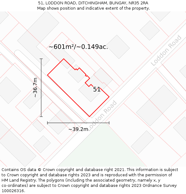 51, LODDON ROAD, DITCHINGHAM, BUNGAY, NR35 2RA: Plot and title map