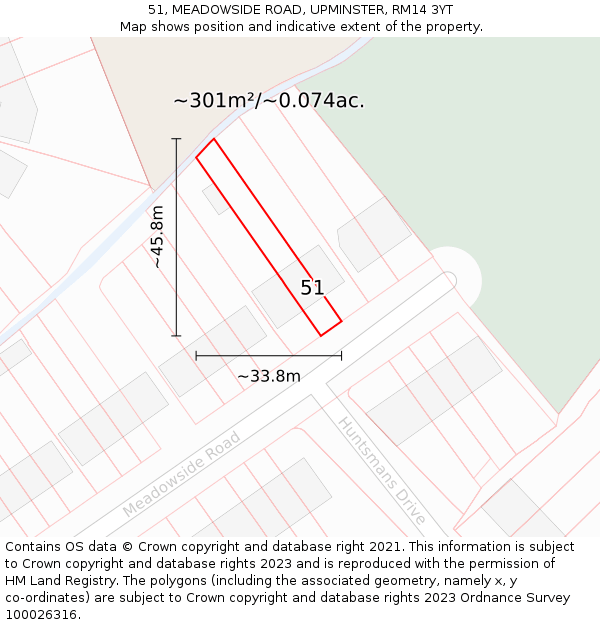 51, MEADOWSIDE ROAD, UPMINSTER, RM14 3YT: Plot and title map