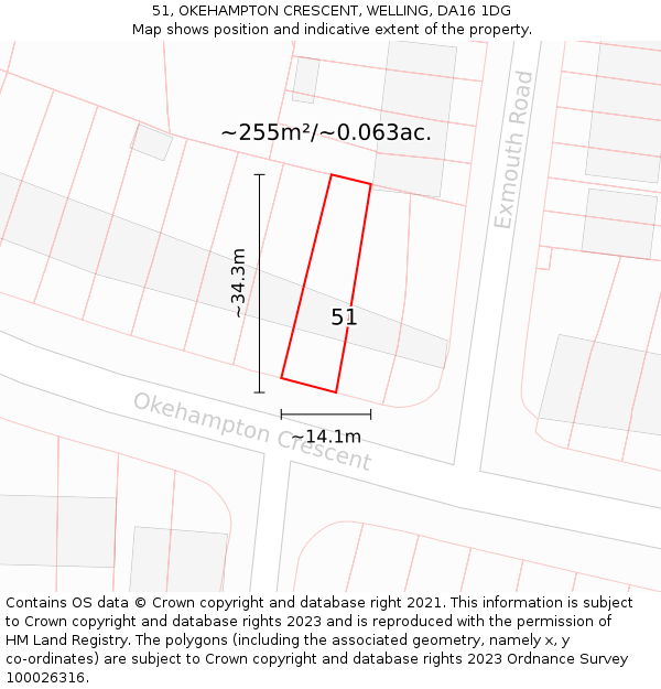 51, OKEHAMPTON CRESCENT, WELLING, DA16 1DG: Plot and title map
