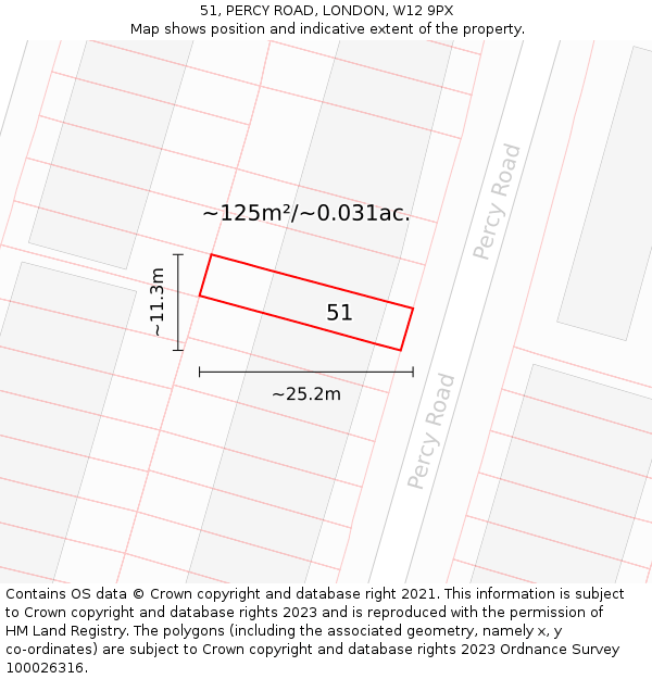 51, PERCY ROAD, LONDON, W12 9PX: Plot and title map