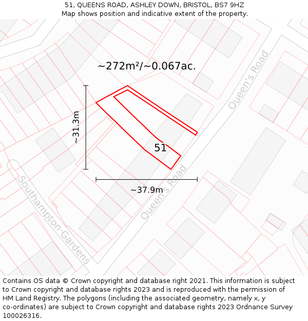 51, QUEENS ROAD, ASHLEY DOWN, BRISTOL, BS7 9HZ: Plot and title map
