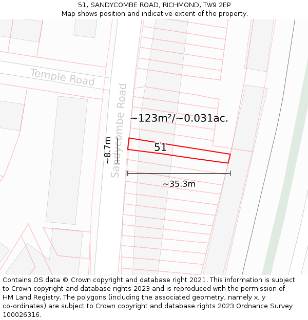 51, SANDYCOMBE ROAD, RICHMOND, TW9 2EP: Plot and title map
