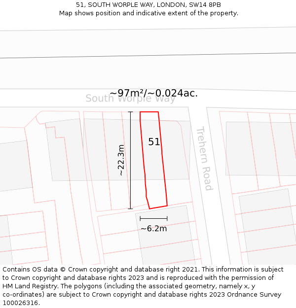 51, SOUTH WORPLE WAY, LONDON, SW14 8PB: Plot and title map