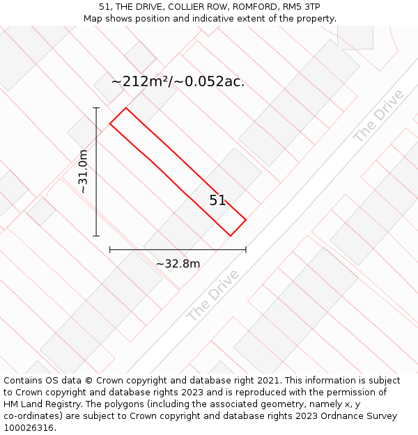 51, THE DRIVE, COLLIER ROW, ROMFORD, RM5 3TP: Plot and title map