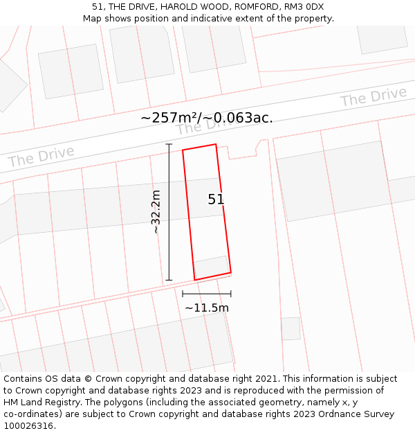 51, THE DRIVE, HAROLD WOOD, ROMFORD, RM3 0DX: Plot and title map