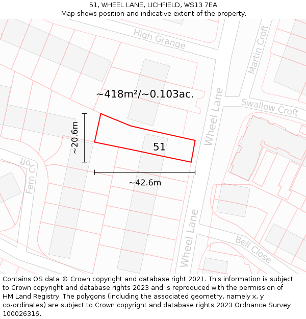 51, WHEEL LANE, LICHFIELD, WS13 7EA: Plot and title map