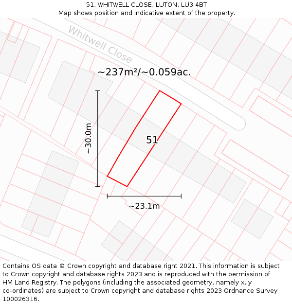 51, WHITWELL CLOSE, LUTON, LU3 4BT: Plot and title map