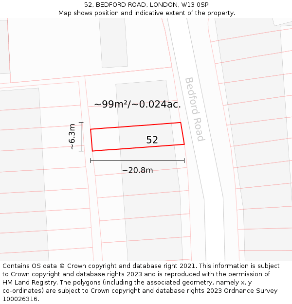 52, BEDFORD ROAD, LONDON, W13 0SP: Plot and title map