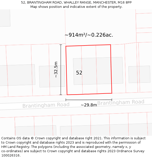 52, BRANTINGHAM ROAD, WHALLEY RANGE, MANCHESTER, M16 8PP: Plot and title map