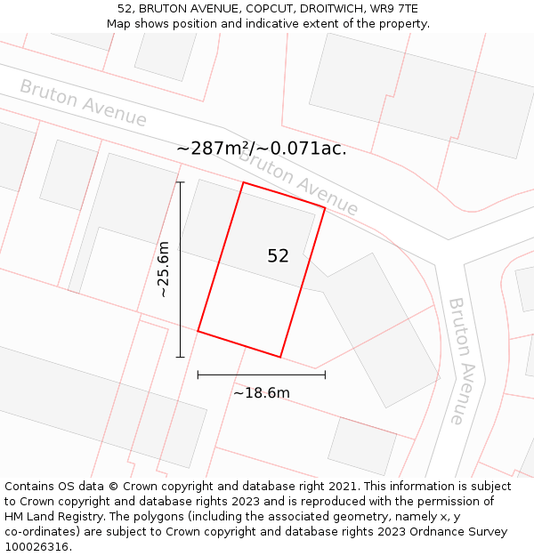 52, BRUTON AVENUE, COPCUT, DROITWICH, WR9 7TE: Plot and title map