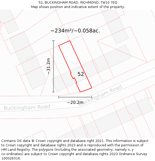 52, BUCKINGHAM ROAD, RICHMOND, TW10 7EQ: Plot and title map