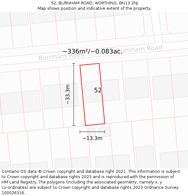 52, BURNHAM ROAD, WORTHING, BN13 2NJ: Plot and title map