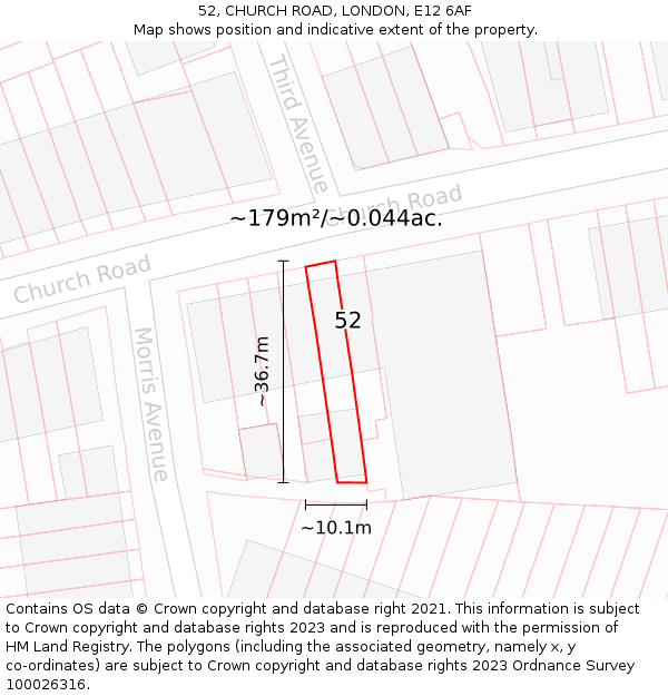 52, CHURCH ROAD, LONDON, E12 6AF: Plot and title map
