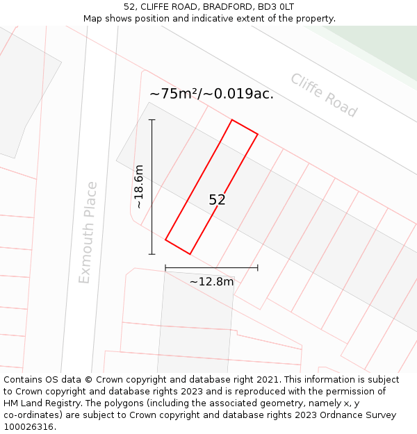 52, CLIFFE ROAD, BRADFORD, BD3 0LT: Plot and title map