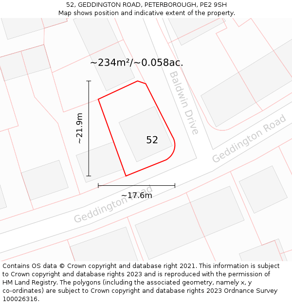 52, GEDDINGTON ROAD, PETERBOROUGH, PE2 9SH: Plot and title map
